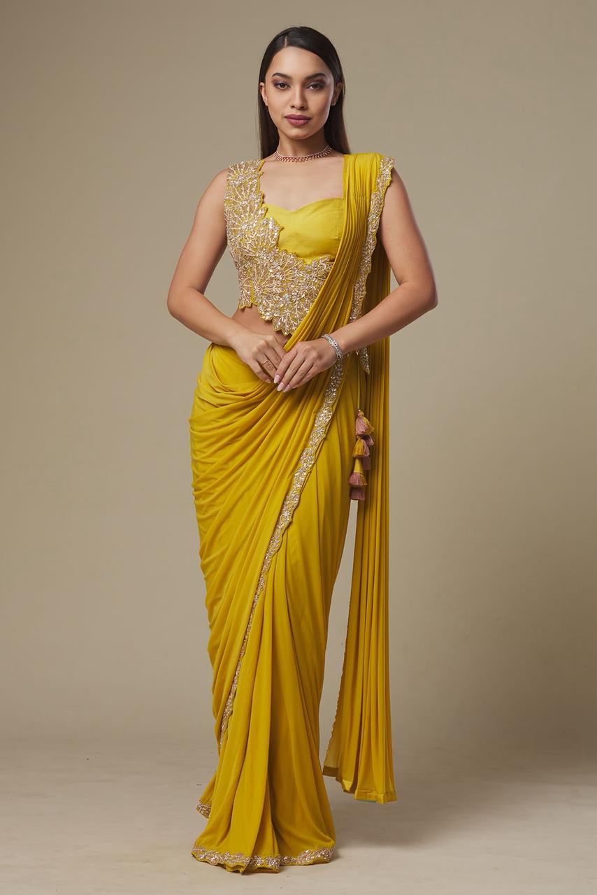 Ready-to-Wear Heavy Rangoli Embroidered Saree with Fully Stitched Blouse | Premium Cording Work Saree