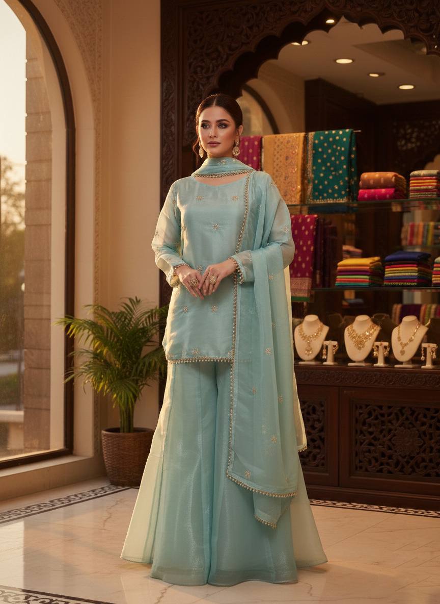 Elegant JMC Silk Embroidered Plazzo Set
