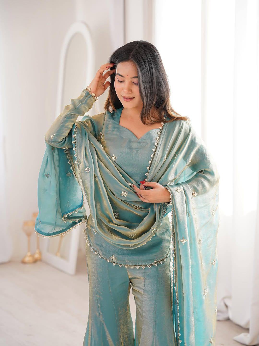 Elegant JMC Silk Embroidered Plazzo Set