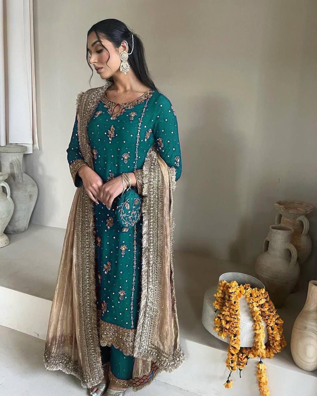 Luxury Faux Georgette Embroidered Set | Sequin & Moti Work Top with Dupatta and Pant