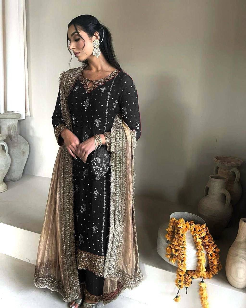 Luxury Faux Georgette Embroidered Set | Sequin & Moti Work Top with Dupatta and Pant