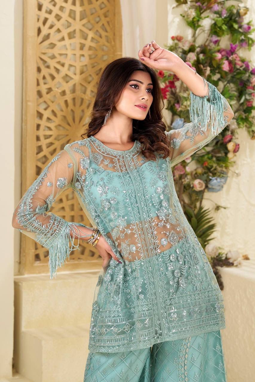 New Trending Real Shoot Butterfly Sequin Embroidery Top & Palazzo Set with Blouse