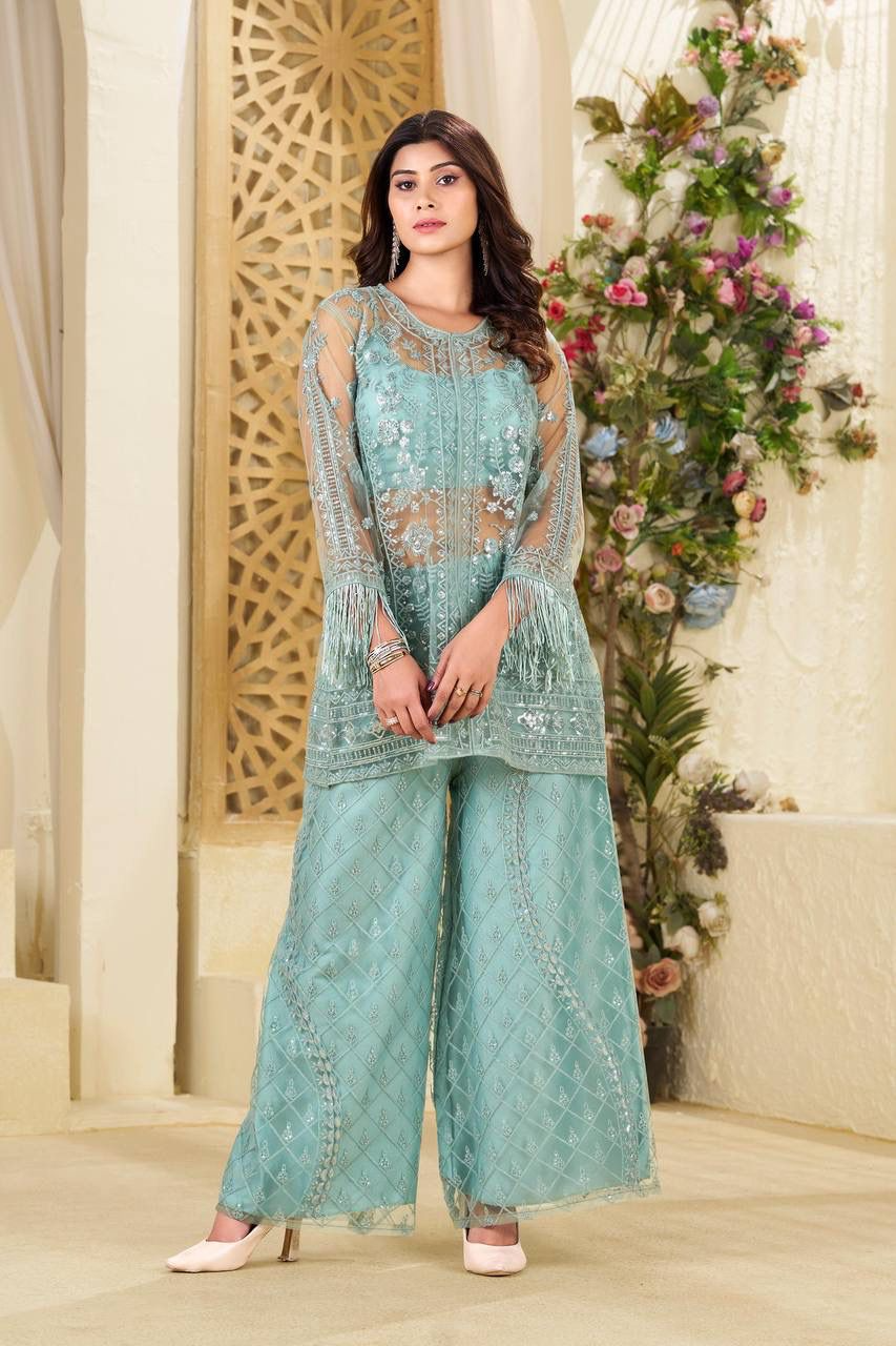 New Trending Real Shoot Butterfly Sequin Embroidery Top & Palazzo Set with Blouse