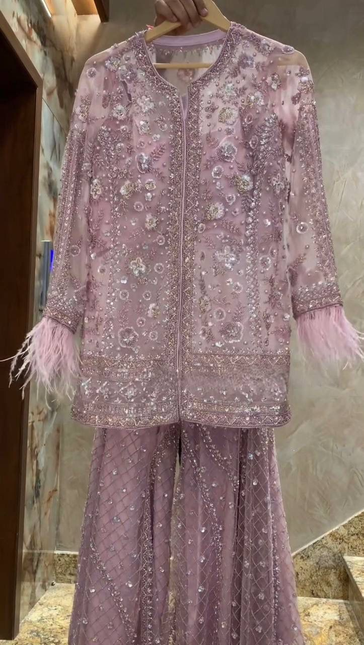 New Trending Real Shoot Butterfly Sequin Embroidery Top & Palazzo Set with Blouse
