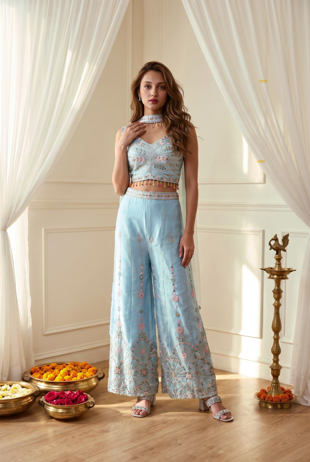 Embroidered Rangoli Silk Palazzo Suit Set with Dupatta