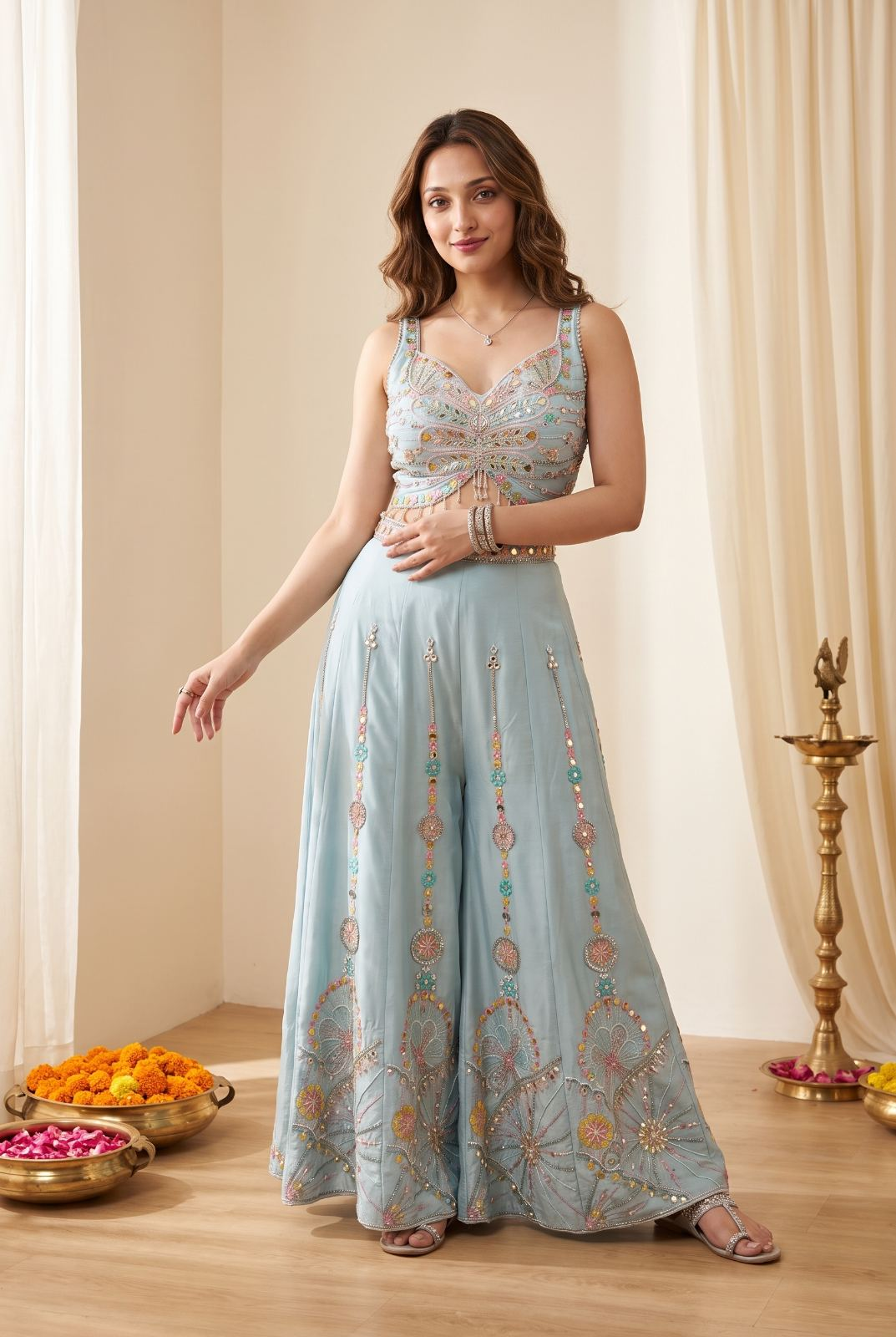 Embroidered Rangoli Silk Palazzo Suit Set with Dupatta