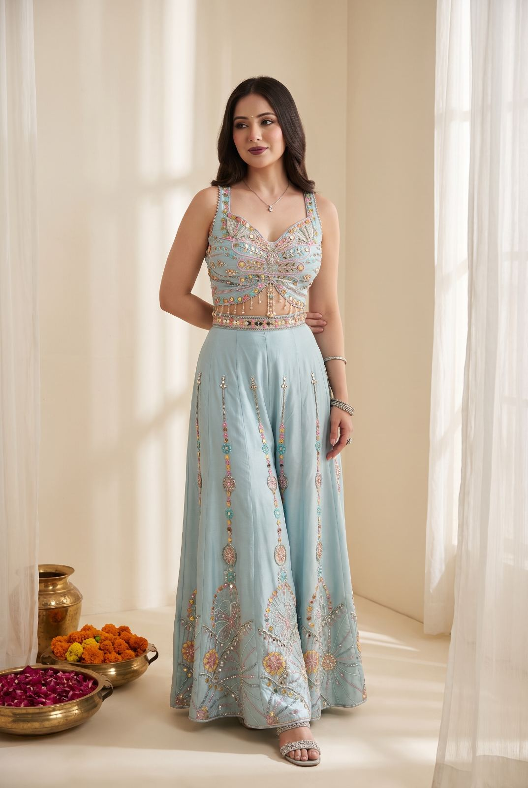 Embroidered Rangoli Silk Palazzo Suit Set with Dupatta