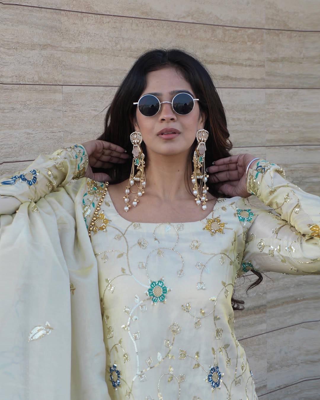 Pure Chinnon Top, Sharara and Dupatta Set with 3mm Embroidery Sequin Work