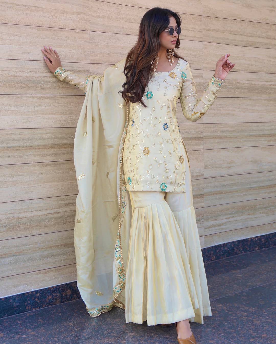 Pure Chinnon Top, Sharara and Dupatta Set with 3mm Embroidery Sequin Work