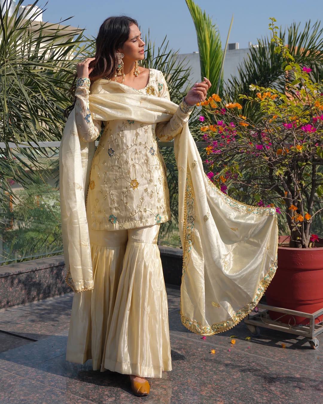 Pure Chinnon Top, Sharara and Dupatta Set with 3mm Embroidery Sequin Work