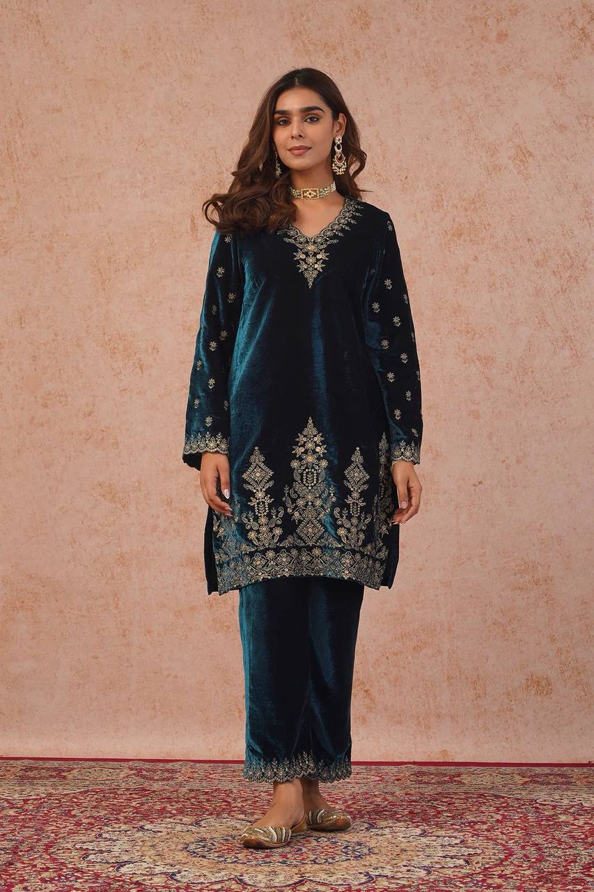 Designer Viscose Velvet Top, Pant and Dupatta Set with Thread Work