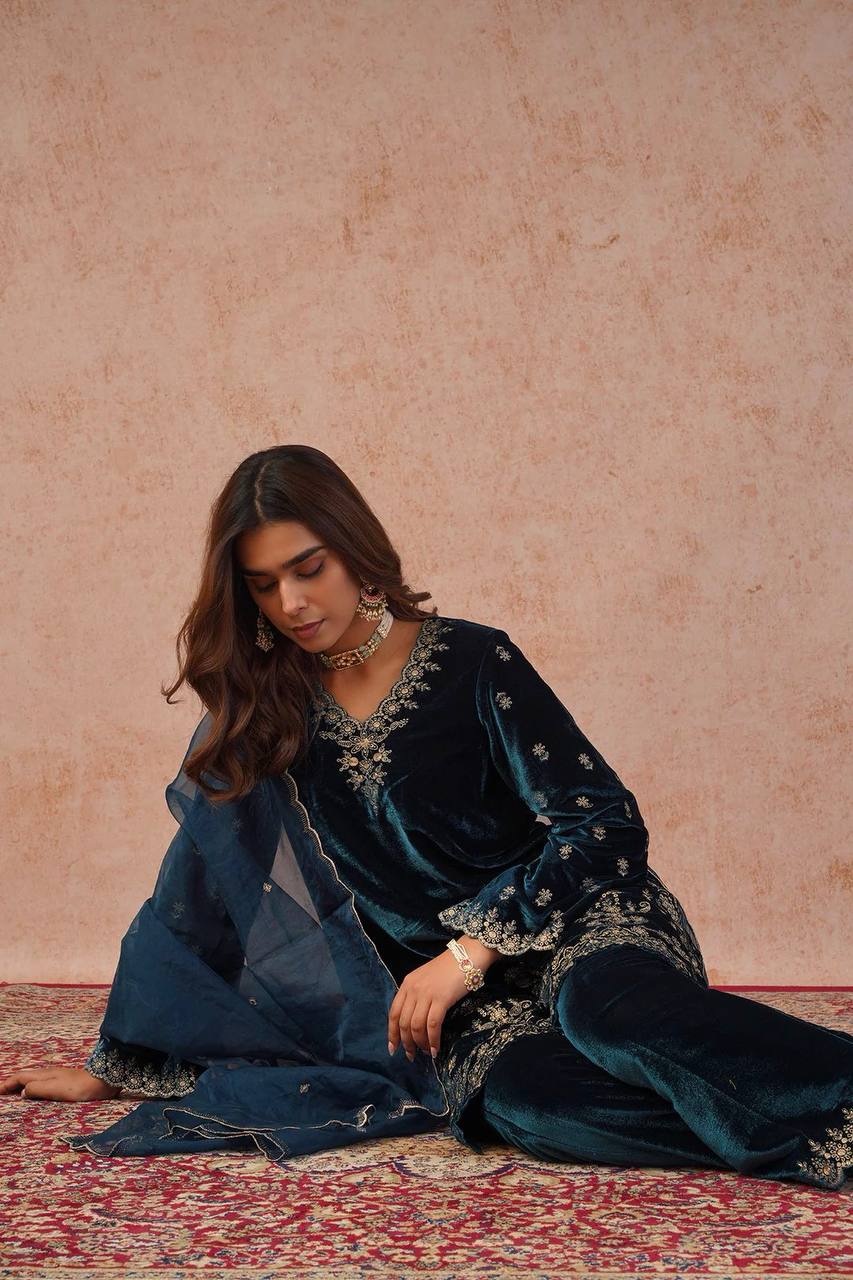 Designer Viscose Velvet Top, Pant and Dupatta Set with Thread Work