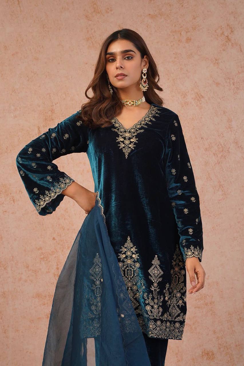 Designer Viscose Velvet Top, Pant and Dupatta Set with Thread Work
