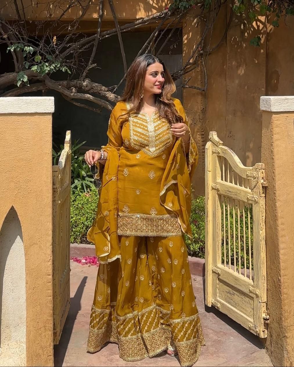 Designer Party Wear Top Palazzo & Dupatta Set