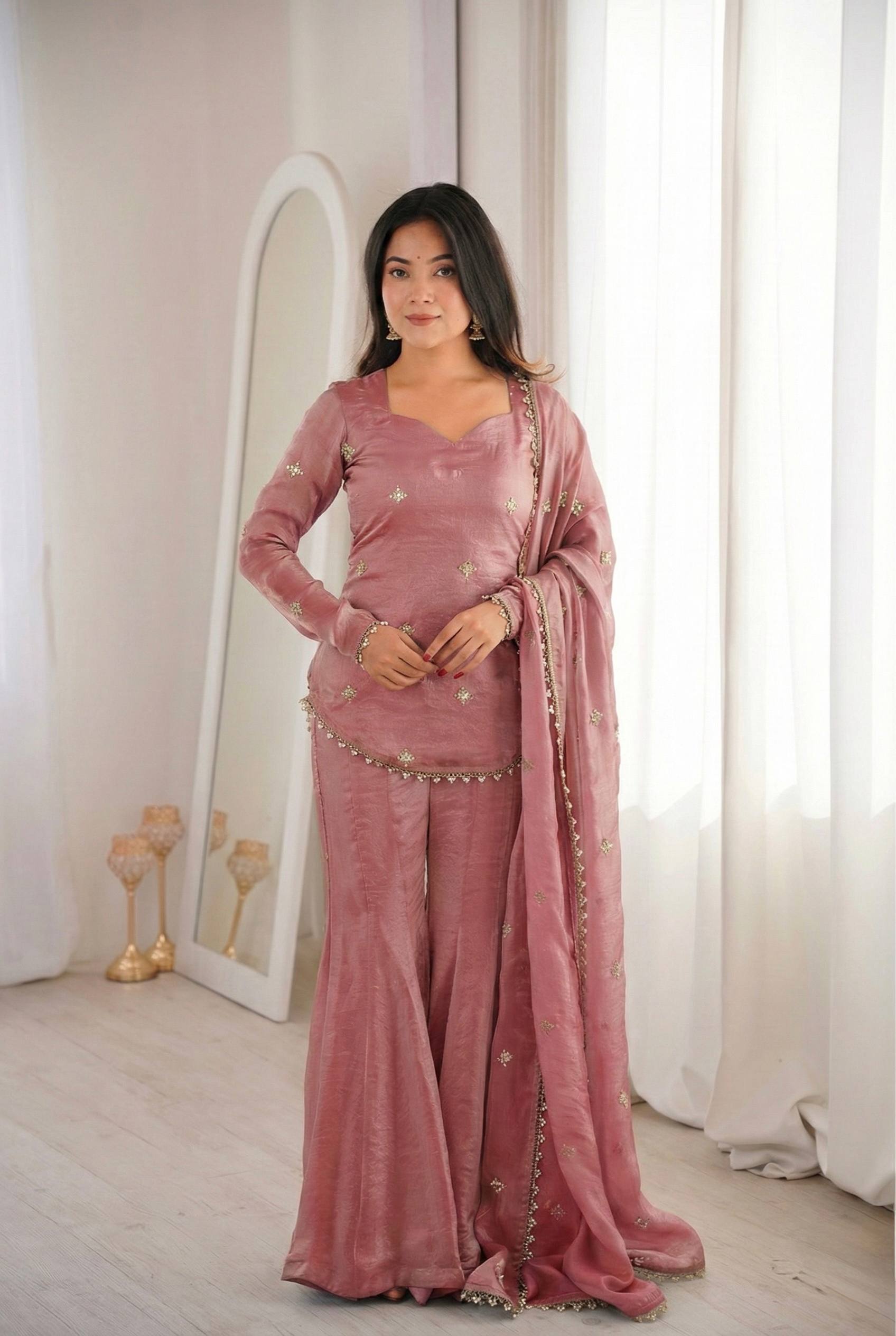 Elegant JMC Silk Embroidered Plazzo Set