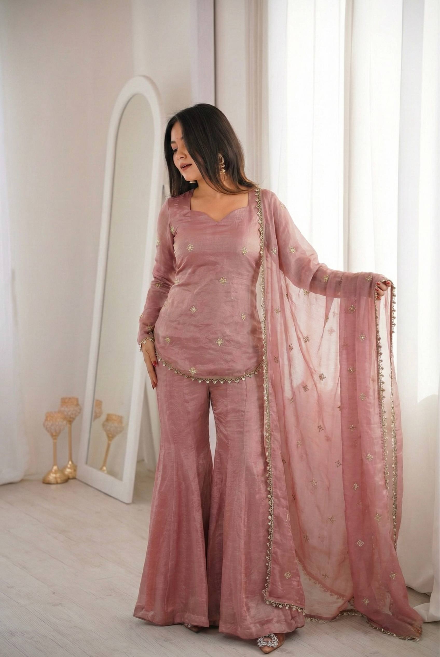 Elegant JMC Silk Embroidered Plazzo Set