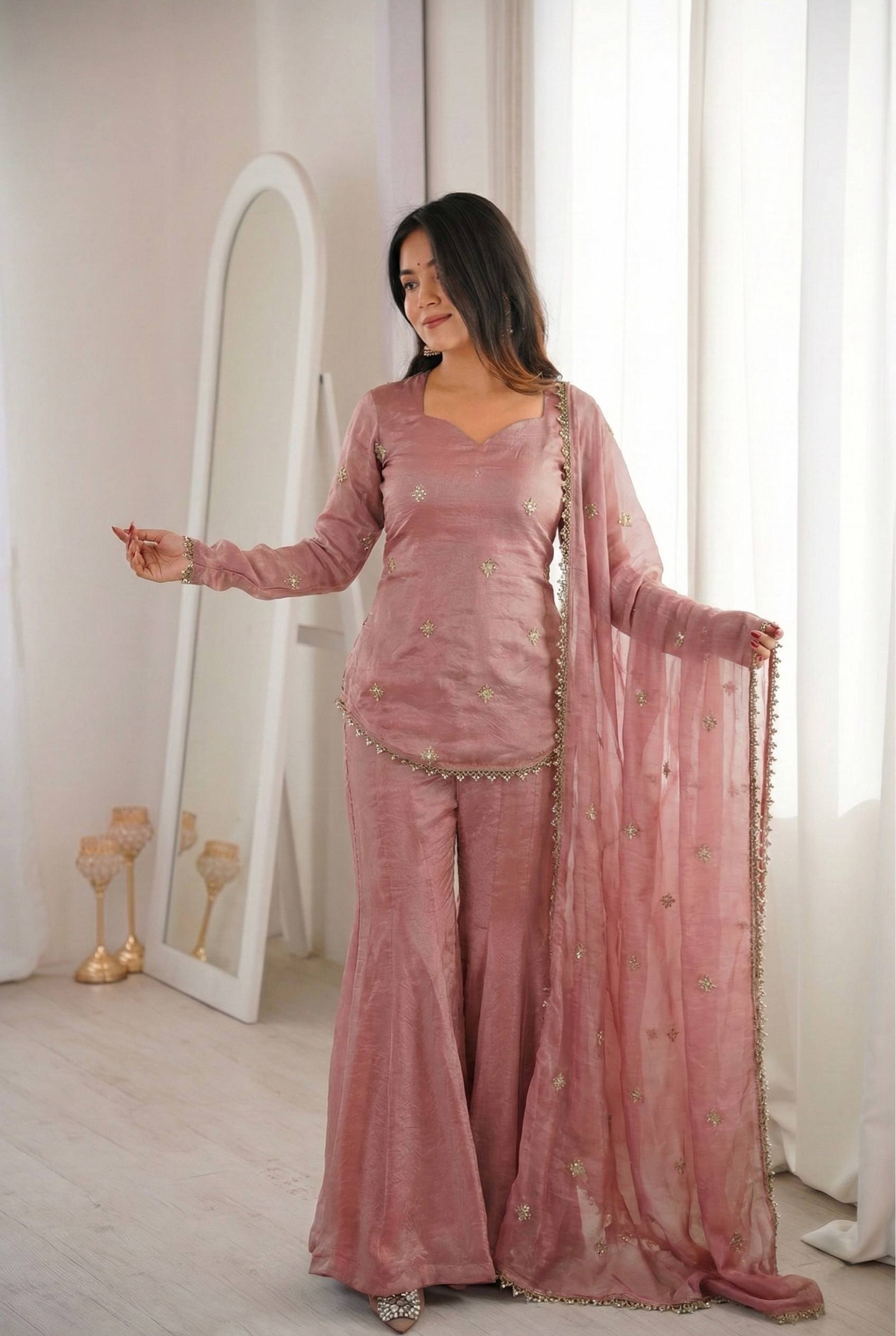 Elegant JMC Silk Embroidered Plazzo Set