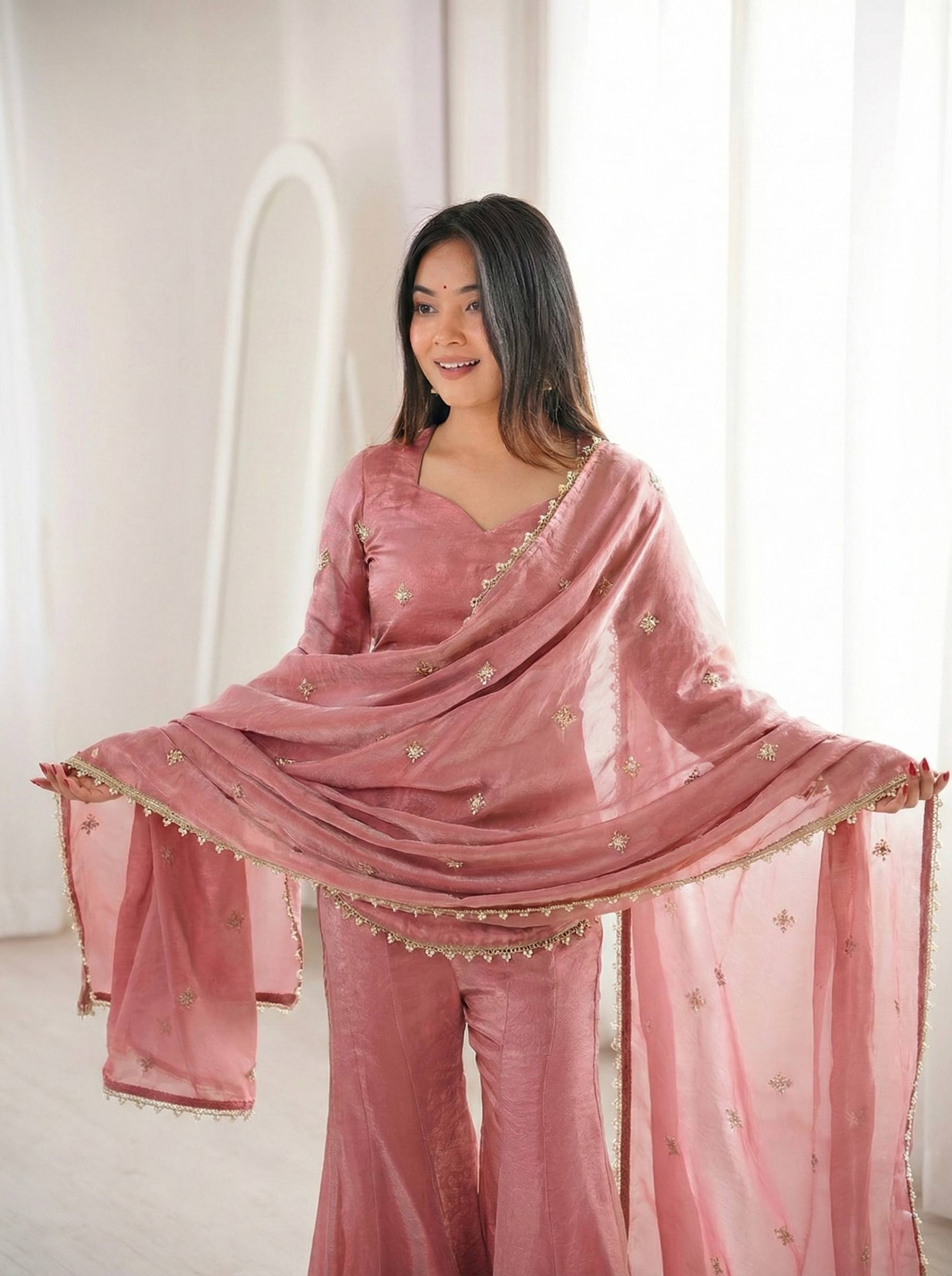 Elegant JMC Silk Embroidered Plazzo Set