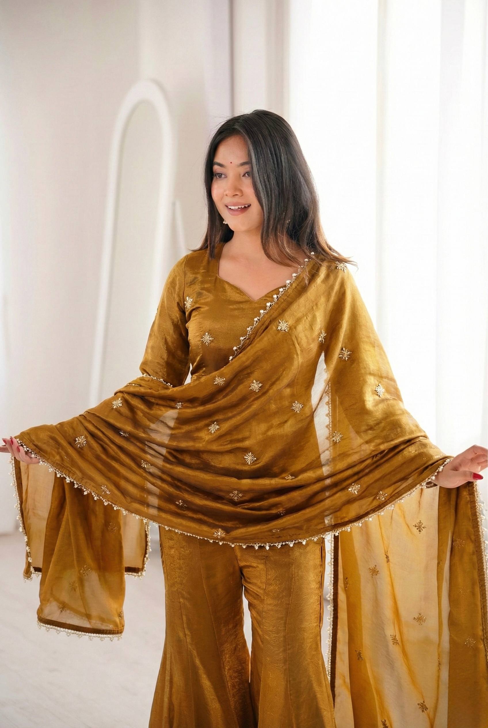 Elegant JMC Silk Embroidered Plazzo Set