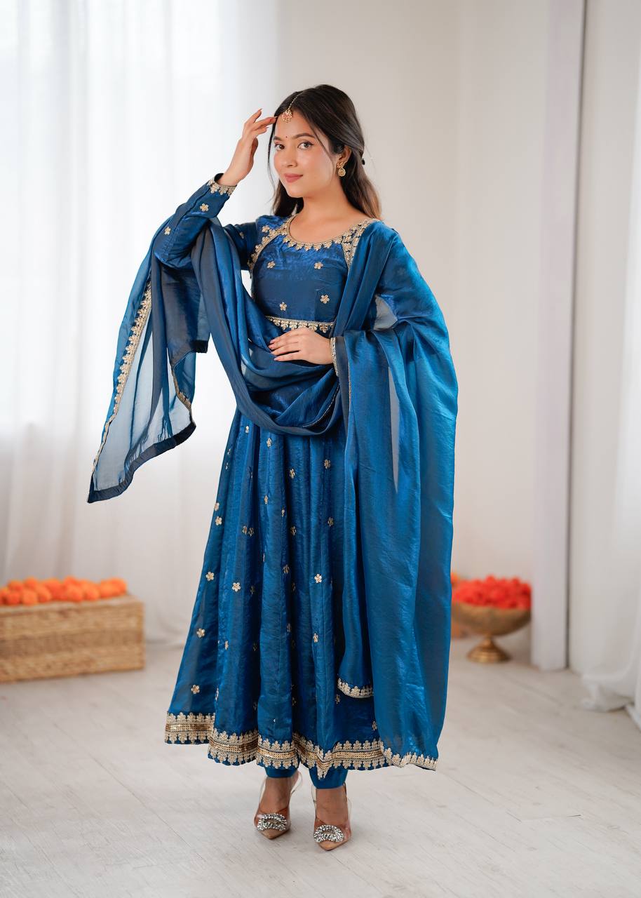 Afiya Designer Silk Gown Set with Sequins