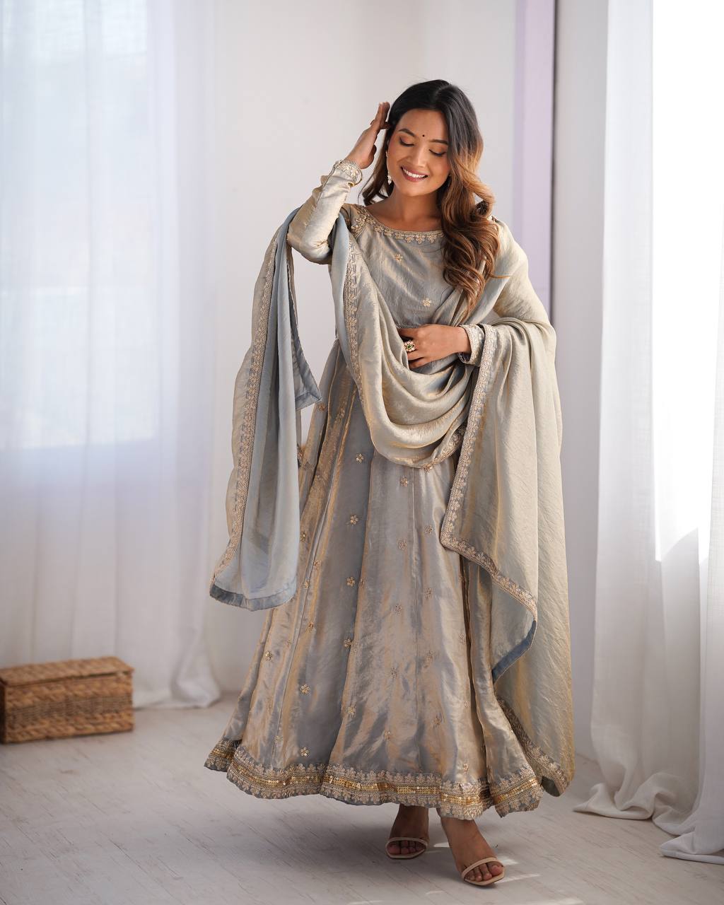 Afiya Designer Silk Gown Set with Sequins
