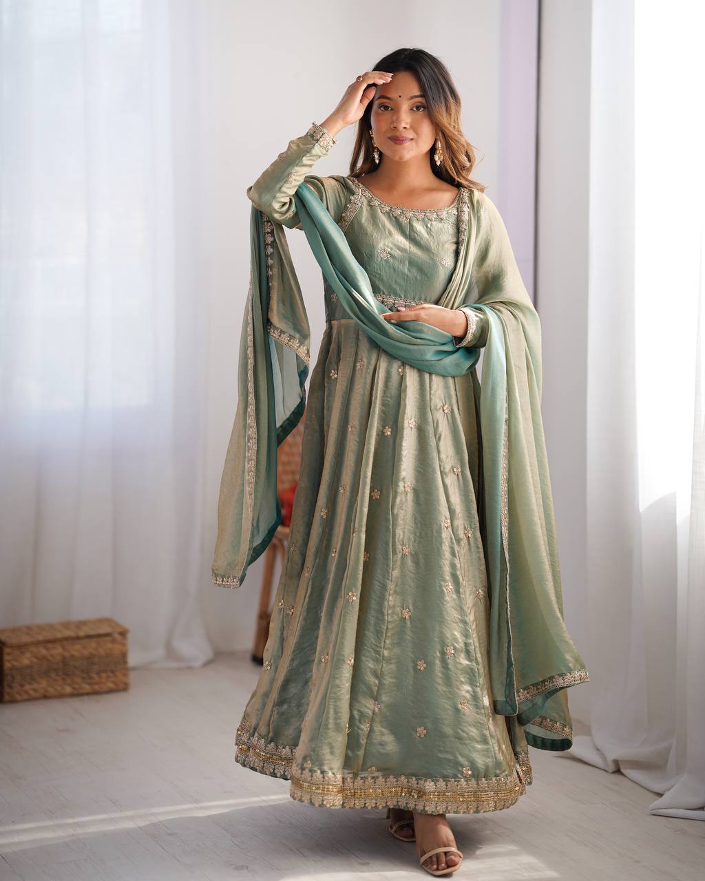 Afiya Designer Silk Gown Set with Sequins