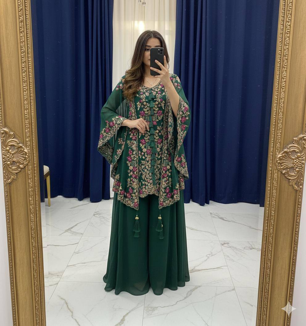 Designer Kurta Plazzo Set with Embroidered Shrug