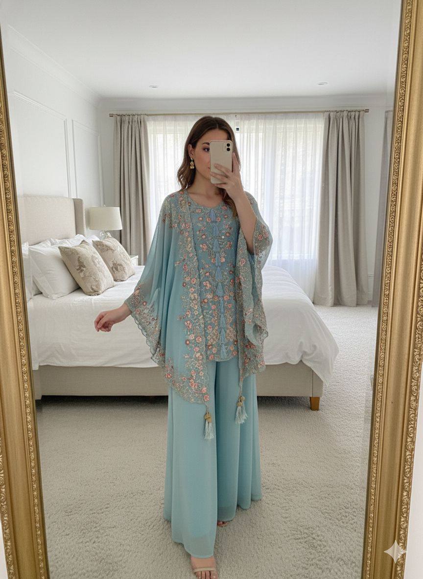 Designer Kurta Plazzo Set with Embroidered Shrug