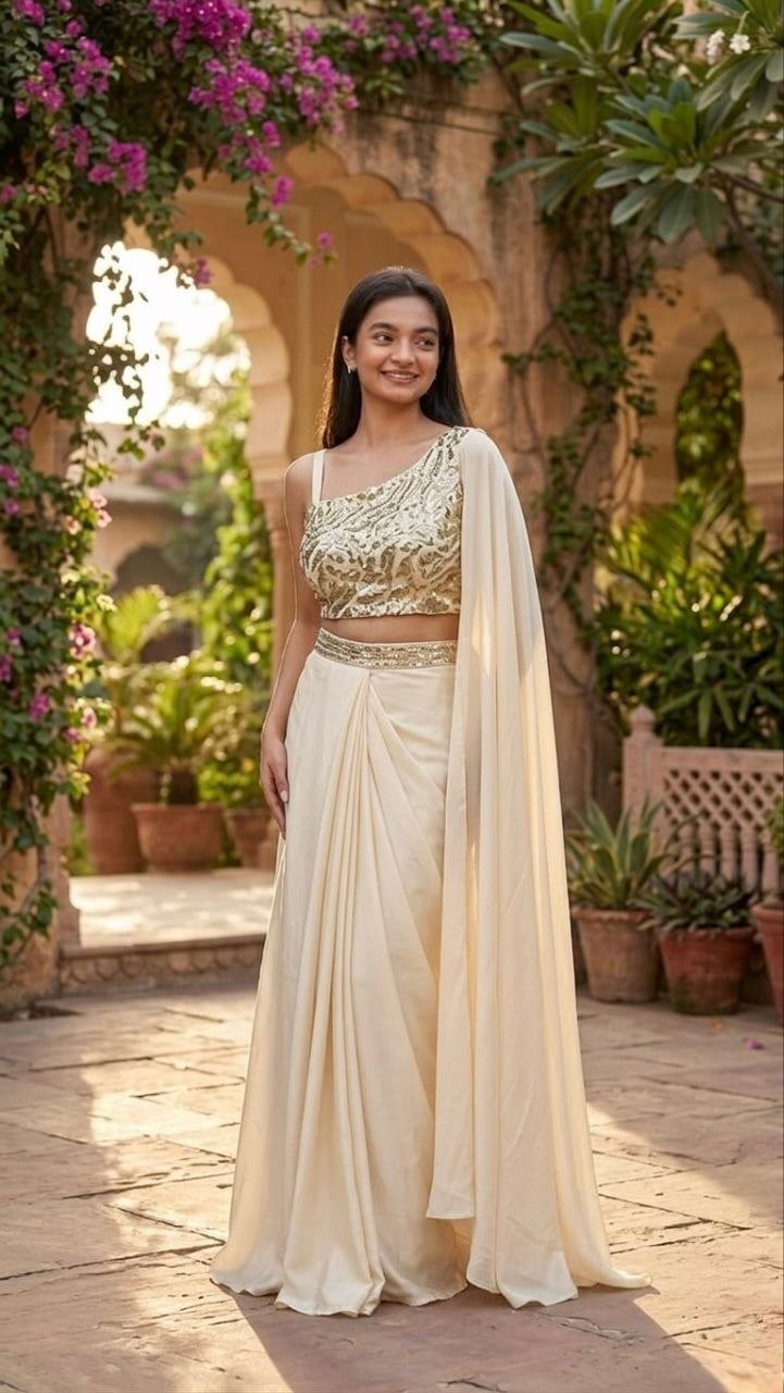 Premium Embroidered Crepe Silk Dhoti Saree Set with Designer Blouse
