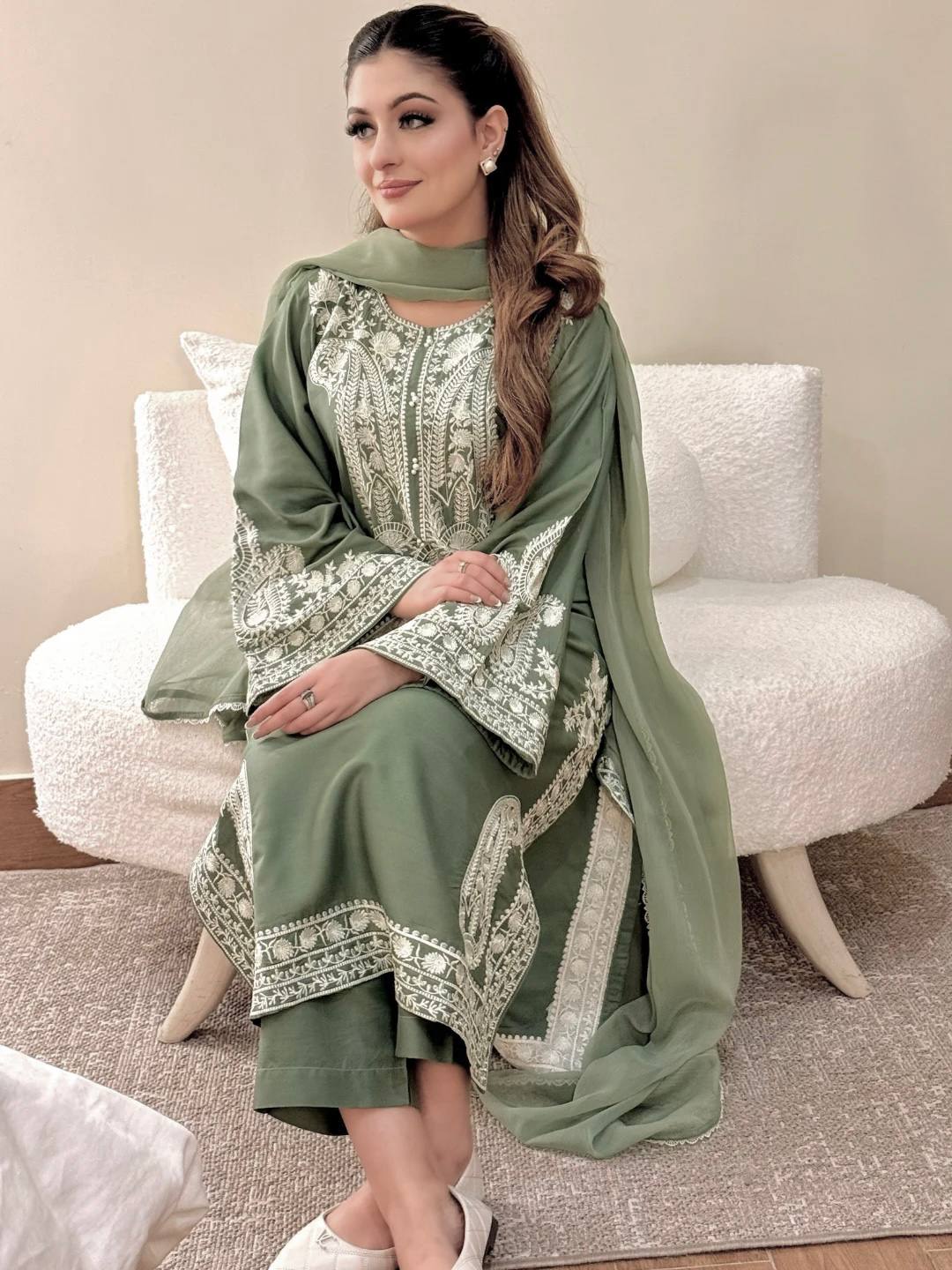 Ameira Chinon Silk Embroidered Kurti Palazzo Set