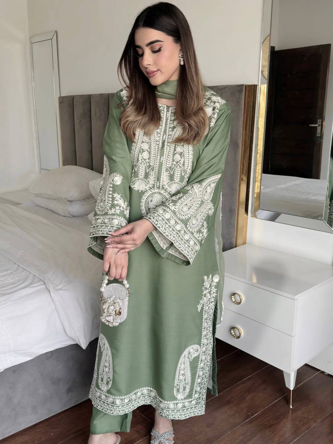 Ameira Chinon Silk Embroidered Kurti Palazzo Set