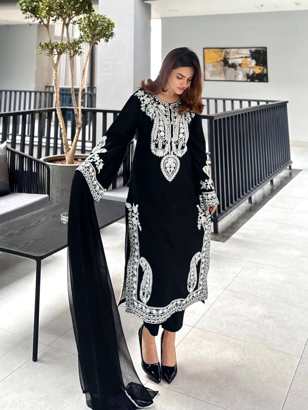 Ameira Chinon Silk Embroidered Kurti Palazzo Set