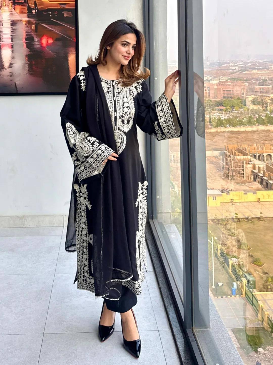 Ameira Chinon Silk Embroidered Kurti Palazzo Set