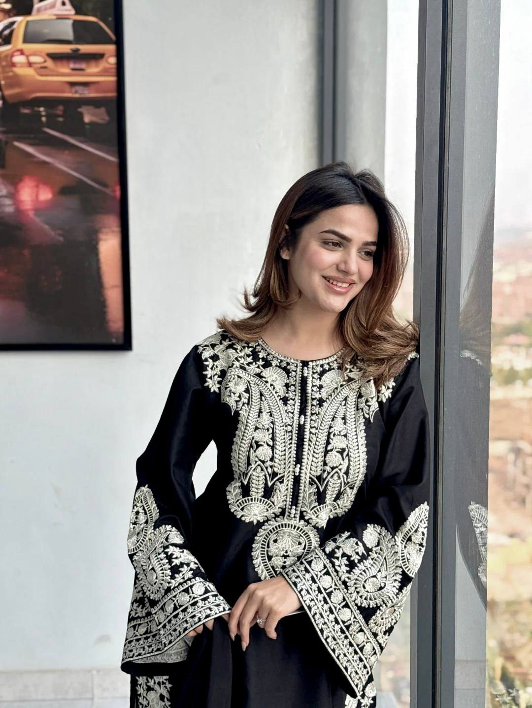 Ameira Chinon Silk Embroidered Kurti Palazzo Set