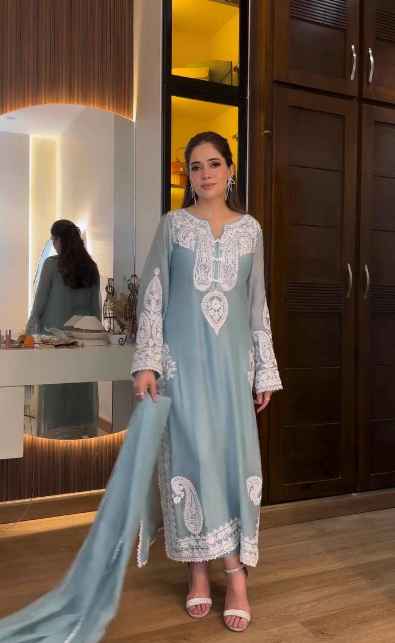 Ameira Chinon Silk Embroidered Kurti Palazzo Set