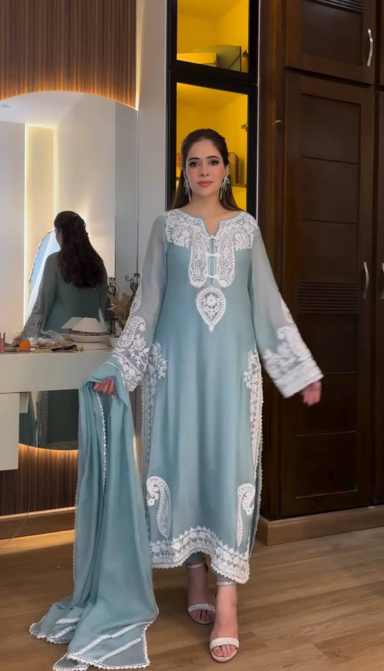 Ameira Chinon Silk Embroidered Kurti Palazzo Set