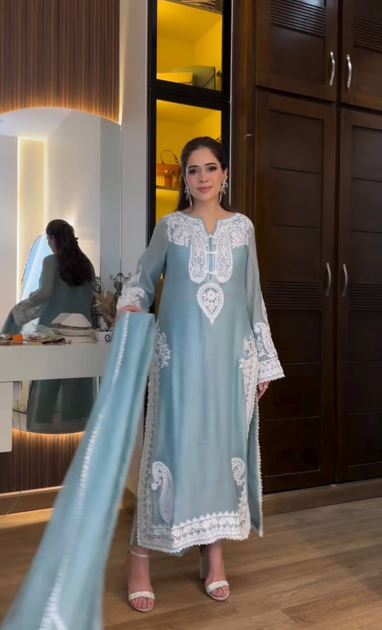 Ameira Chinon Silk Embroidered Kurti Palazzo Set