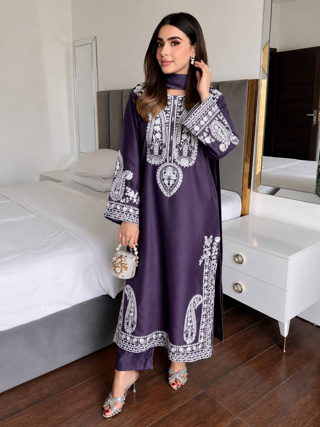 Ameira Chinon Silk Embroidered Kurti Palazzo Set