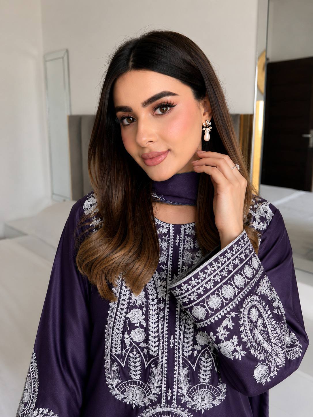 Ameira Chinon Silk Embroidered Kurti Palazzo Set