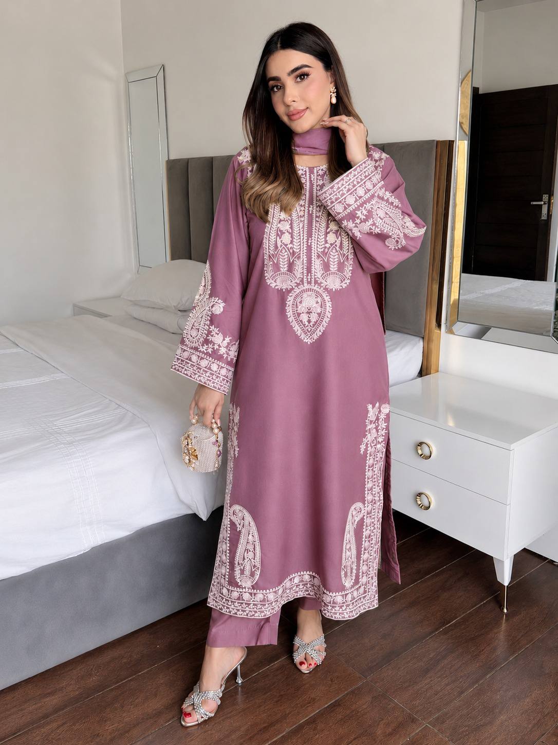 Ameira Chinon Silk Embroidered Kurti Palazzo Set