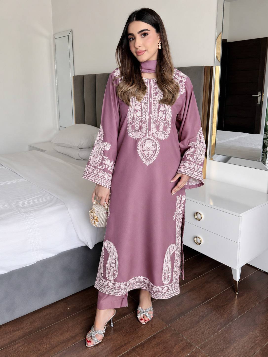Ameira Chinon Silk Embroidered Kurti Palazzo Set