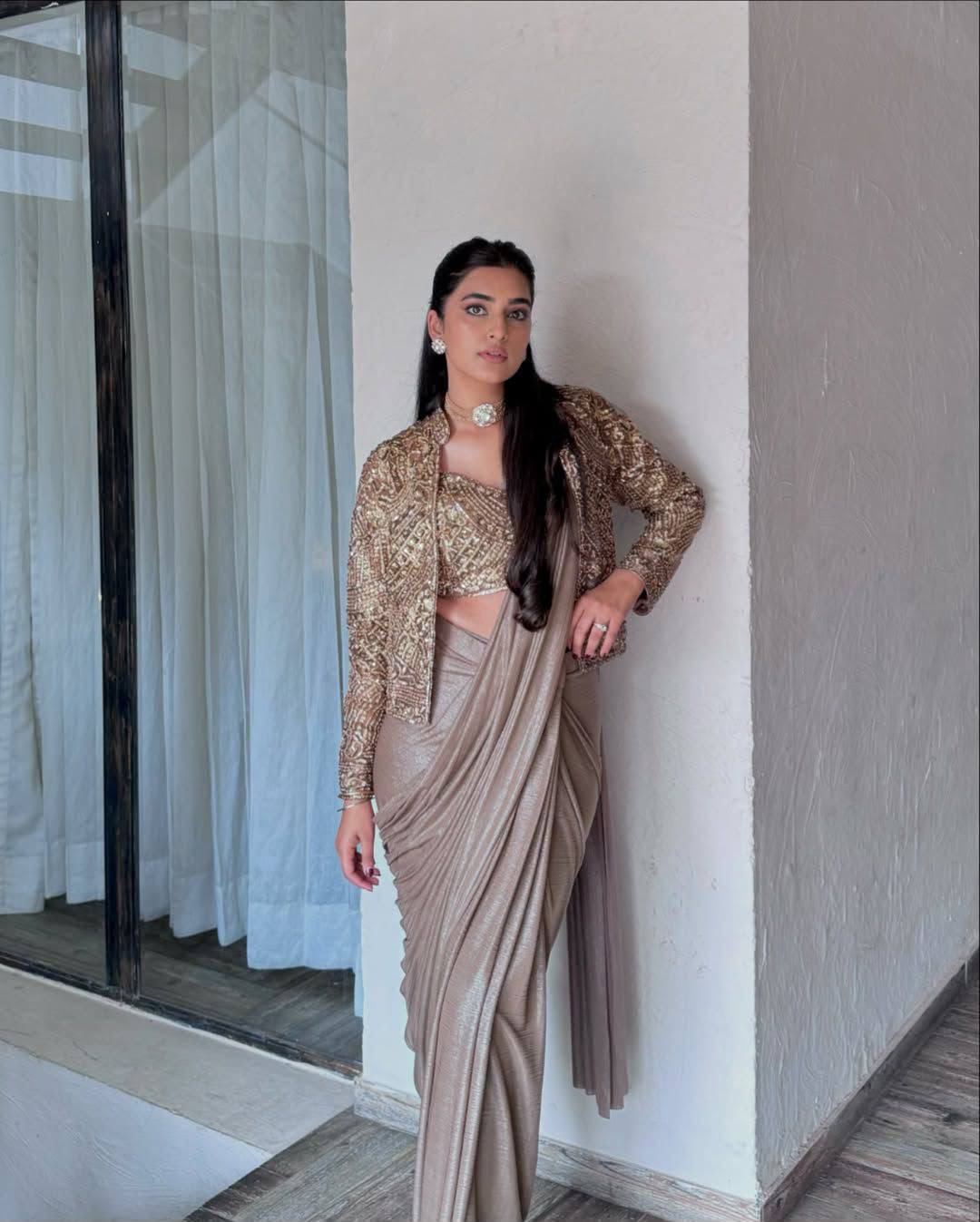 Embroidered Chinon Silk Lehenga Saree with Designer Koti
