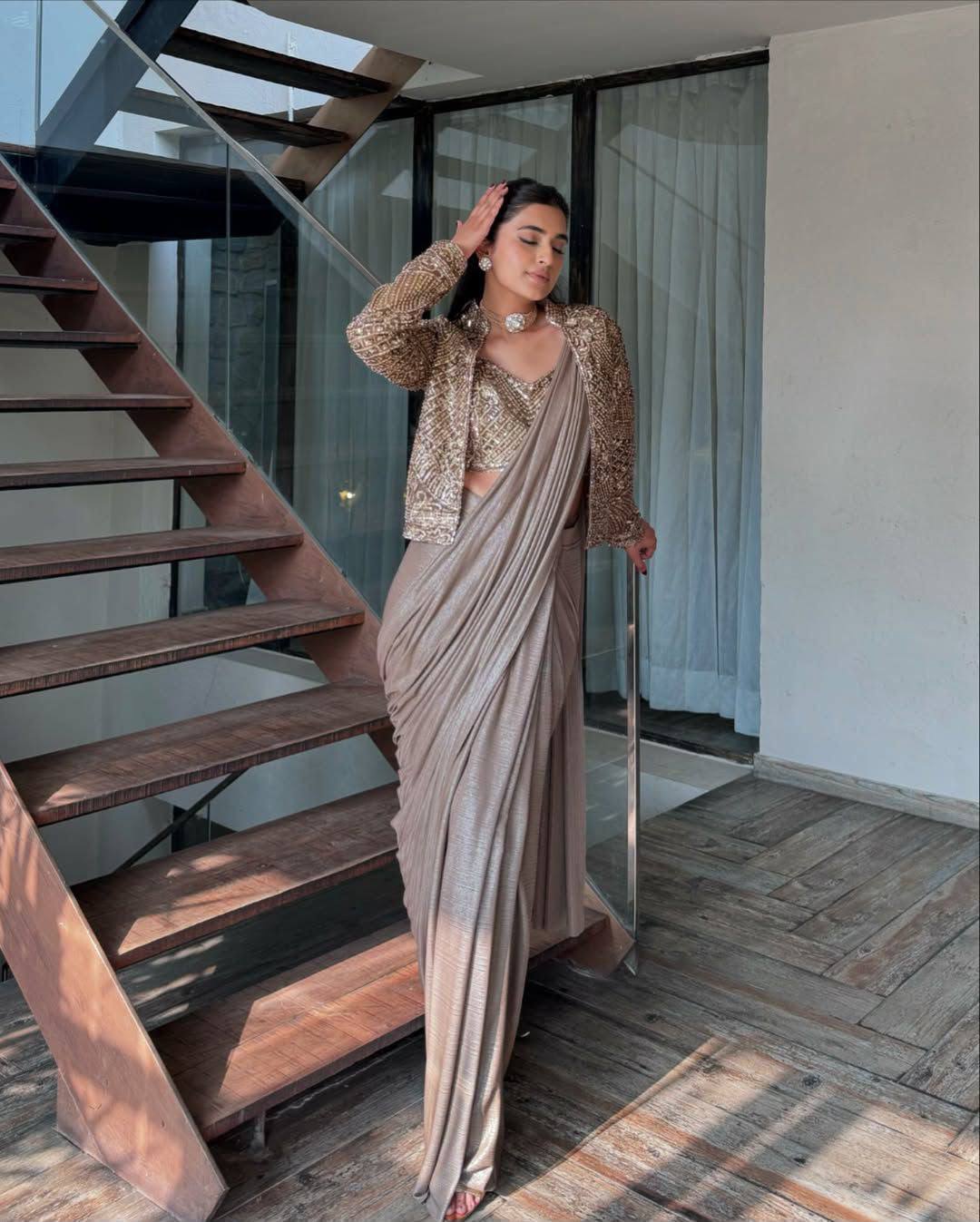 Embroidered Chinon Silk Lehenga Saree with Designer Koti