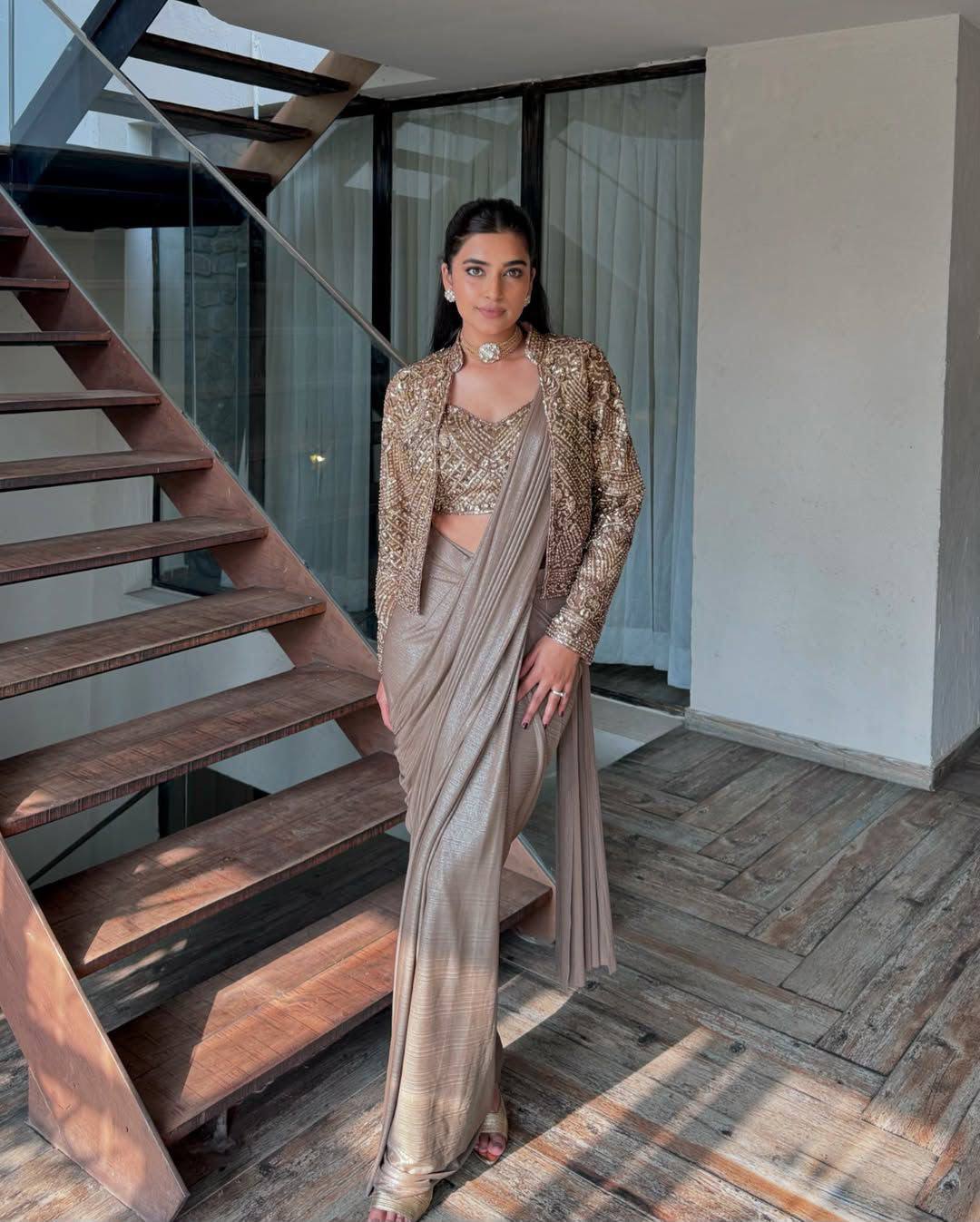 Embroidered Chinon Silk Lehenga Saree with Designer Koti