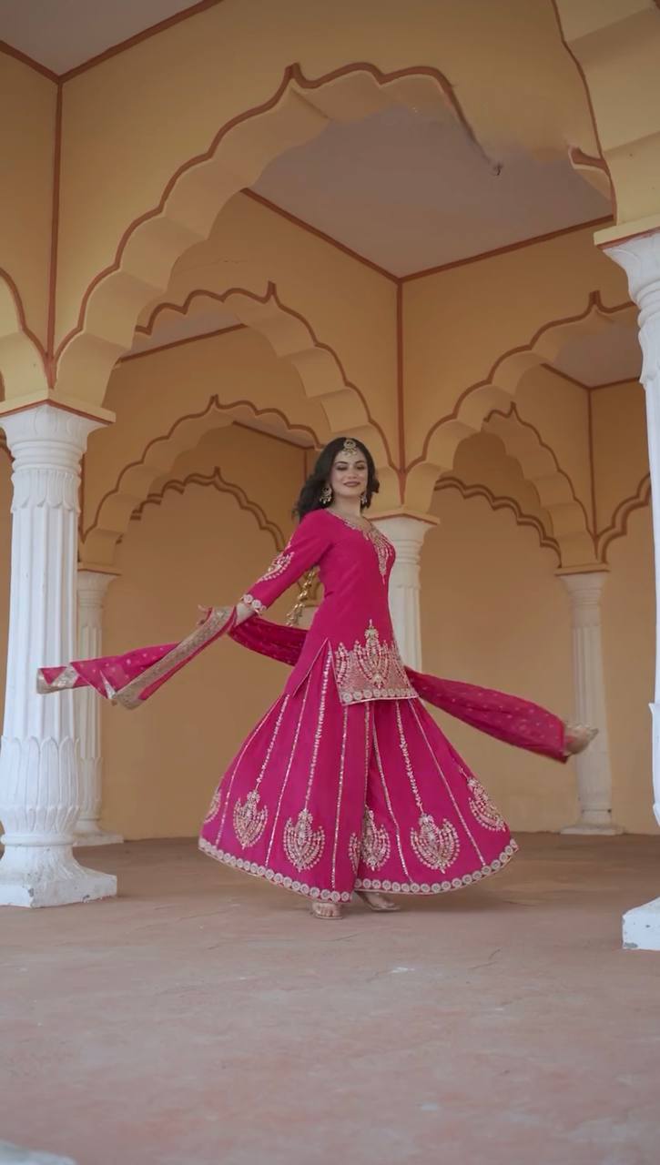 Elegant Chinon Silk Kurti Sharara Set with Embroidered Dupatta