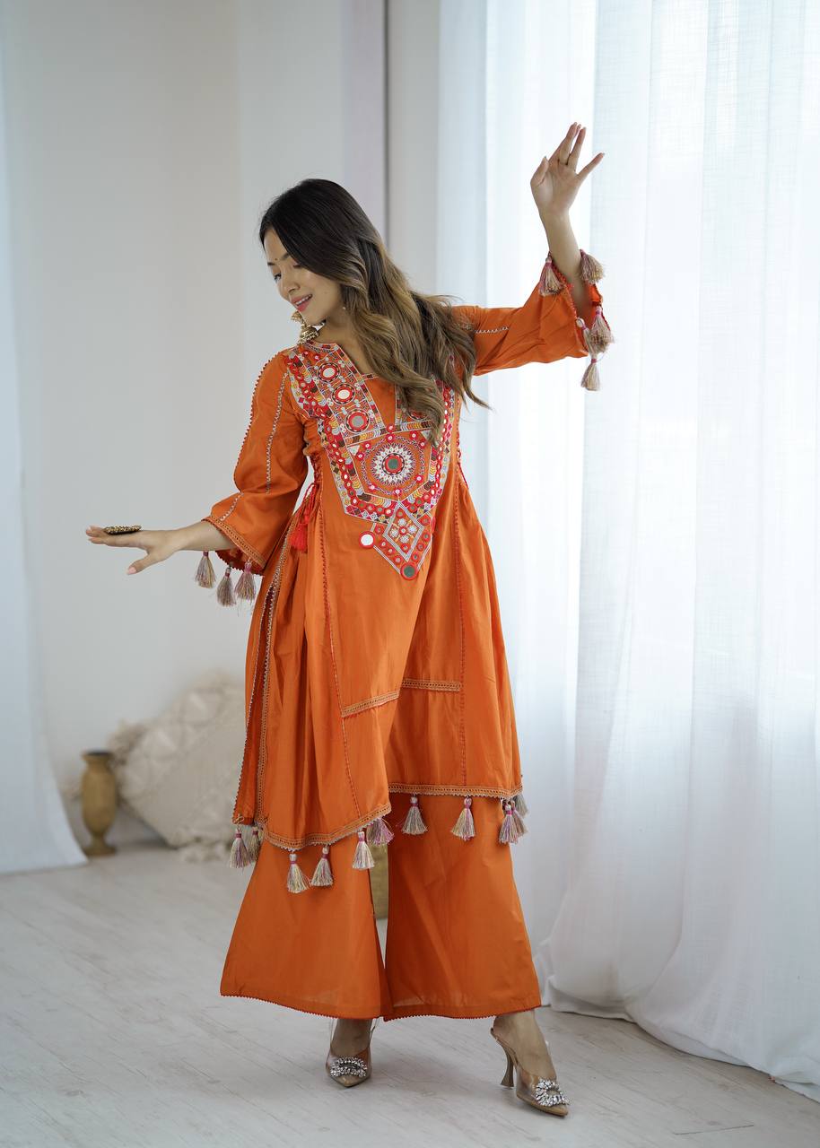 Designer Pure Khadi Cotton Kurta Palazzo Set with Mirror Embroidery