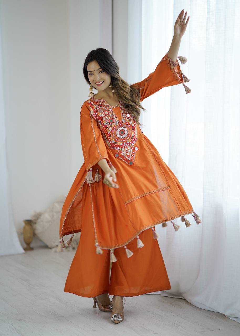 Designer Pure Khadi Cotton Kurta Palazzo Set with Mirror Embroidery