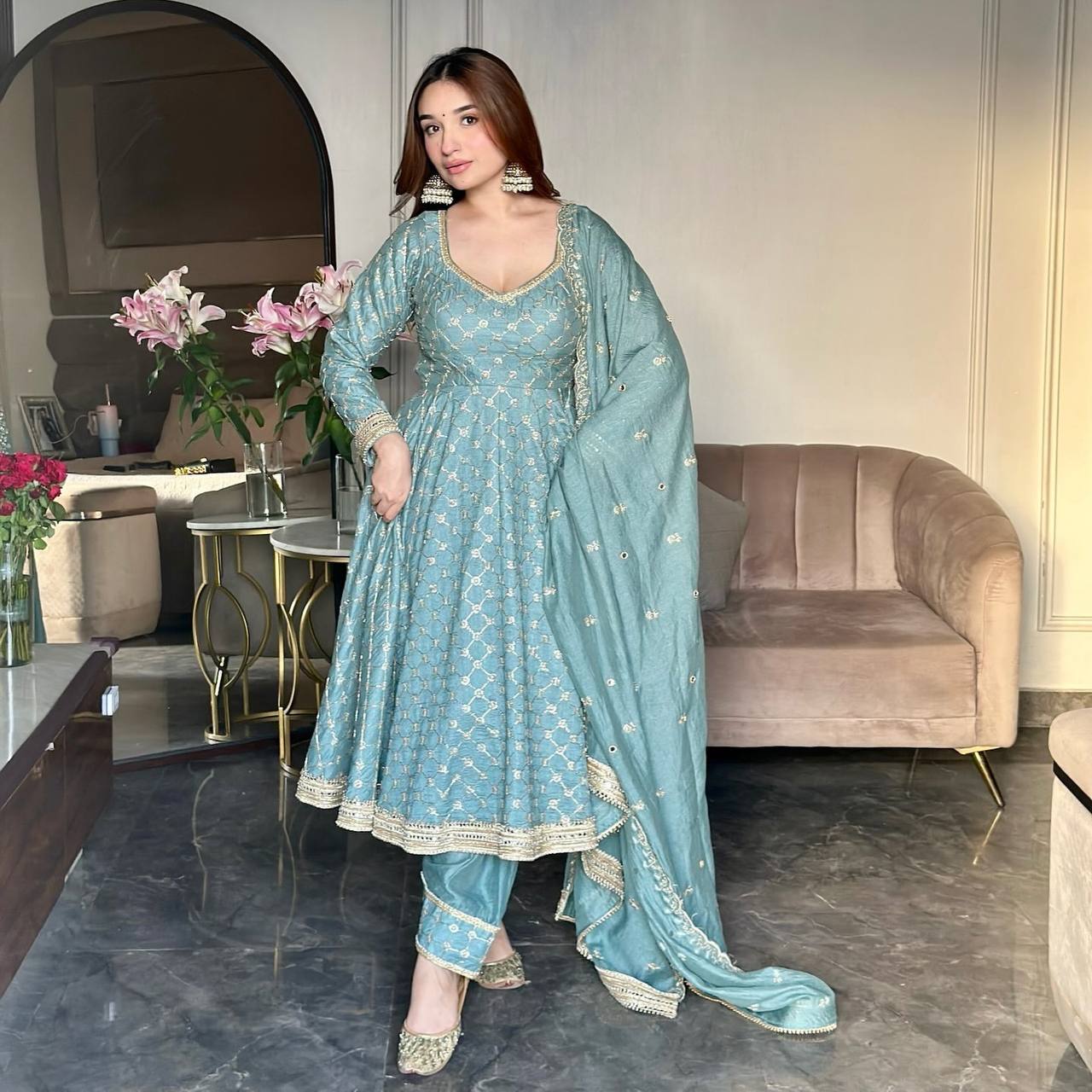 Women’s Ethnic Wear Heavy Georgette Embroidery Sequence Work Gown with Pant & Dupatta
