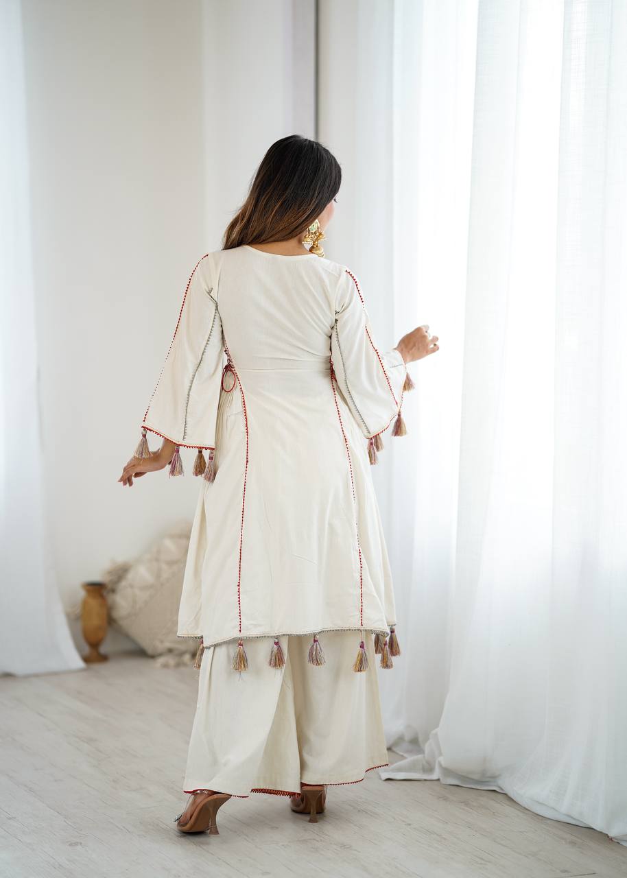 Designer Pure Khadi Cotton Kurta Palazzo Set with Mirror Embroidery