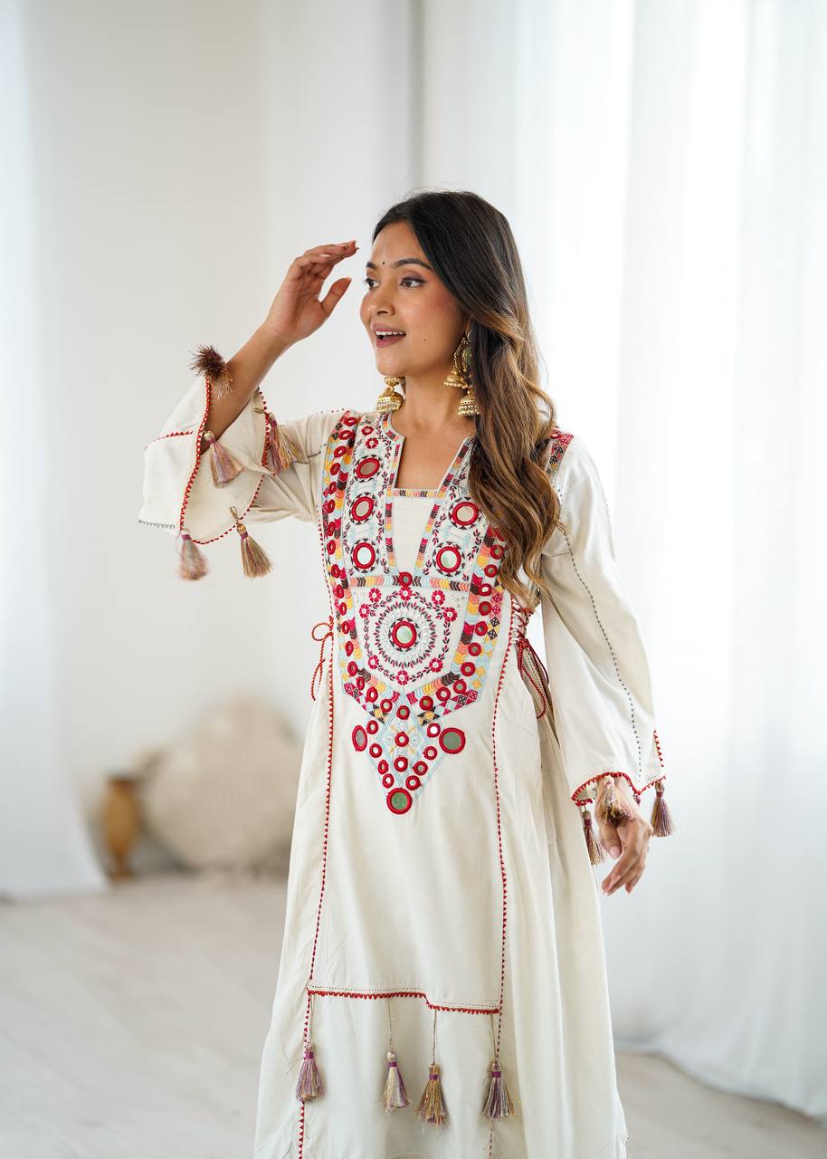 Beautiful Navratri Special White Designer Pure Khadi Cotton Embroidery sequence work Kurta With Plazzo Set